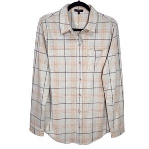 Quince Button Shirt Plaid Stretch Knit Womens Large Taupe Gray Peach NWT Shacket